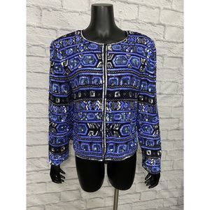 Vintage Silk Beaded Sequin Jacket Top 90s Papell Boutique Evening Size 16 Formal